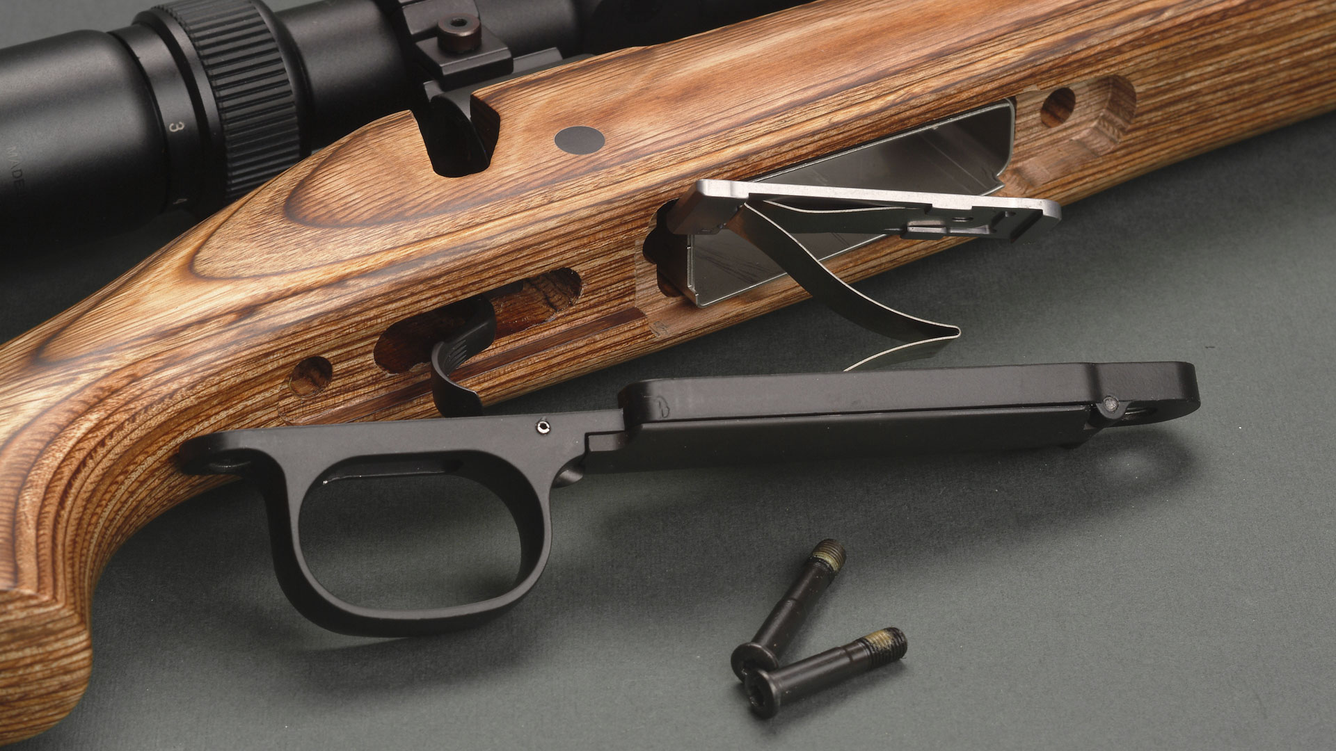 Nella Winchester Model 70 le due action screws, visibili con il gruppo guardia smontato, attraversano la calciatura e si avvitano nell'azione: il loro serraggio determina il precarico con cui azione e calcio vengono mantenuti accoppiati
