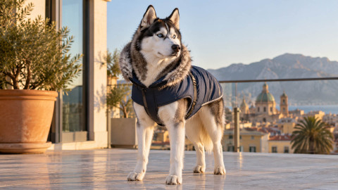 Il cacciatore violento e il cane con il cappottino