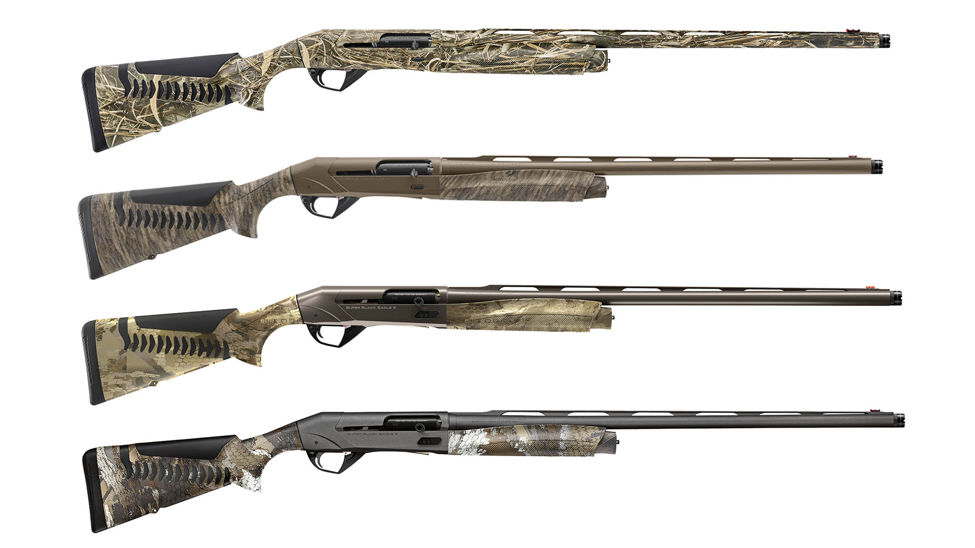 I fucili Benelli in prova. Dall'alto: Super Black Eagle 3 AI MAX 7, Super Black Eagle 3 AI Cerakote Patriot Brown Camo Mossy Oak, Super Black Eagle 3 AI Cerakote Midnight Bronze Camo Optifade Marsh Pattern, Super Black Eagle 3 AI Cerakote Cobalt Camo Optifade Timber