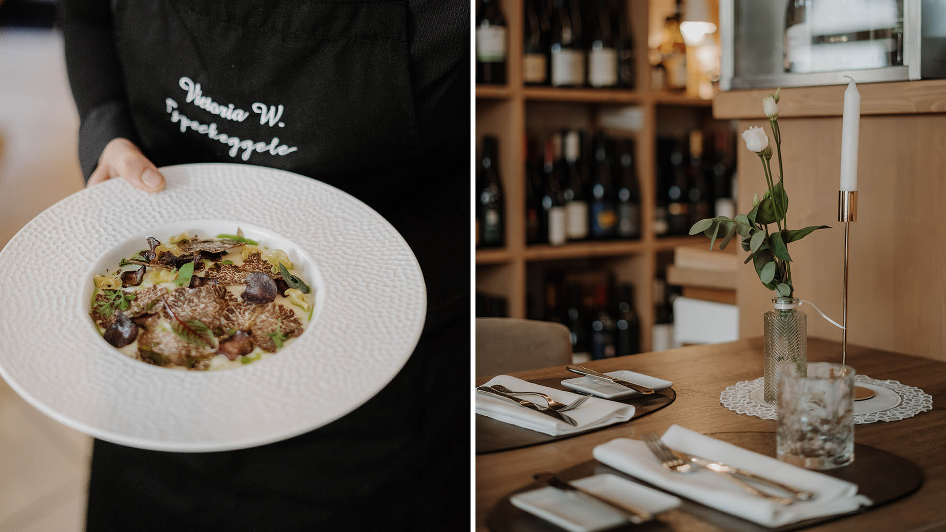 Ristorante Speckeggele. A sinistra: uova sous vide, ragù di cuore di cervo, schiuma di patate e tartufo. A destra: uno scatto degli interni