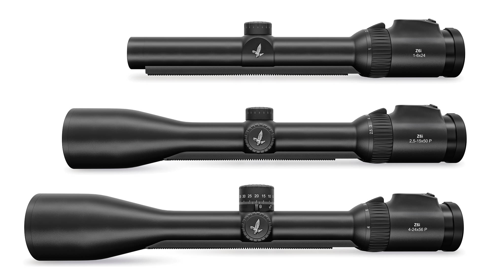 La nuova generazione di cannocchiali da puntamento Swarovski Optik Z6i include 4 allestimenti. In fotografia sono visibili: 1-6x24, 2,5-15x50 P (BT) e 4-24x56 P BT