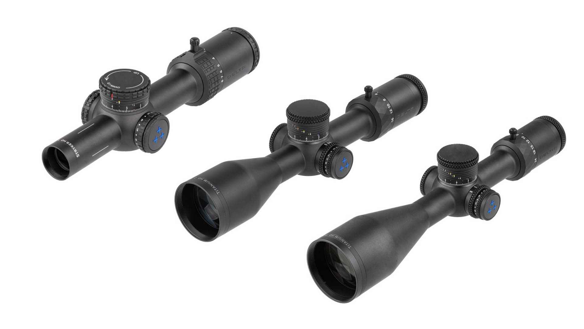 Tre sono le nuove proposte di Delta Optical. Da sinistra: Stryker HD 1-8x24, Titanium HD 2-16x50 e Titanium HD 3-24x56