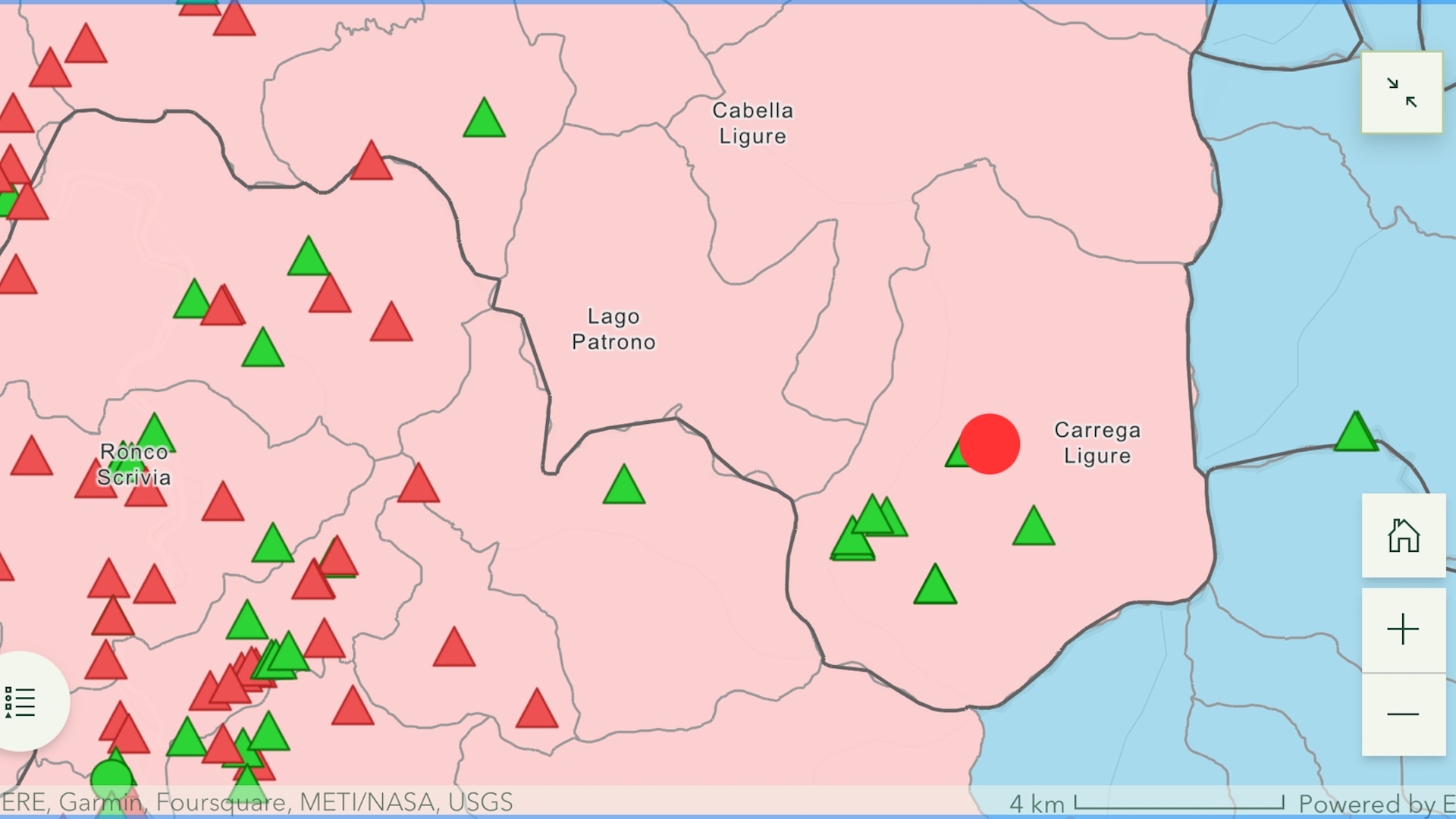 La localizzazione della carcassa risultata positiva (pallino rosso) rispetto alle altre carcasse precedentemente testate (triangoli verdi carcasse negative e triangoli rossi carcasse positive)