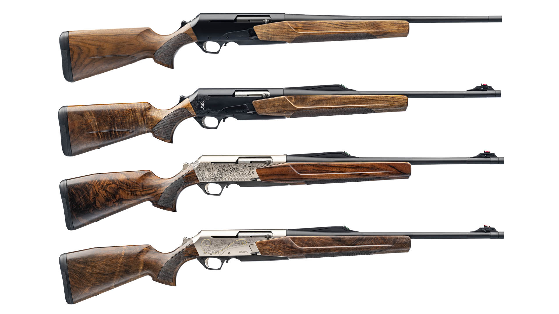 Le basi meccaniche di partenza per la configurazione della nuova Browning BAR 4X. Dall'alto le versioni 4X Hunter, 4X Elite, 4X Platinum, 4X Ultimate